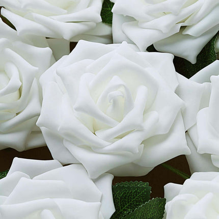 AliKopy 24 White Foam Roses - 5" Flowers with Stem Wire & Leaves