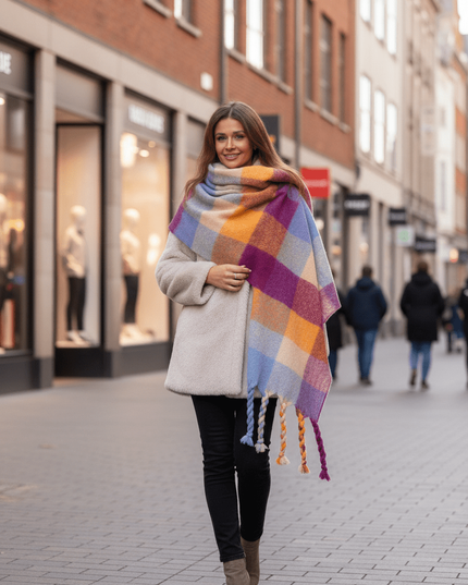 Cozy Colorful Plaid Shawl with Elegant Tassels
