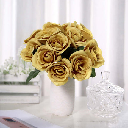 AliKopy 12" Gold Velvet-Like Artificial Rose Bouquet, Lifelike Design
