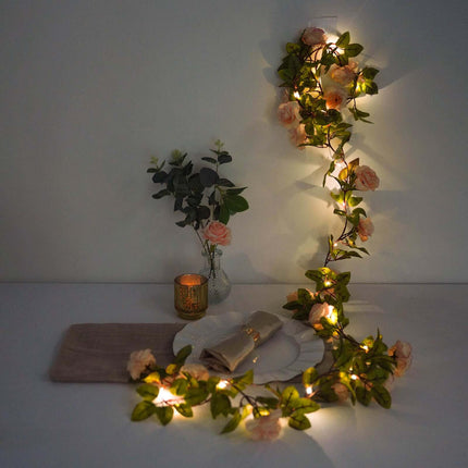 AliKopy 7ft Blush Silk Rose Garland String Lights, 20 LEDs, Battery Op