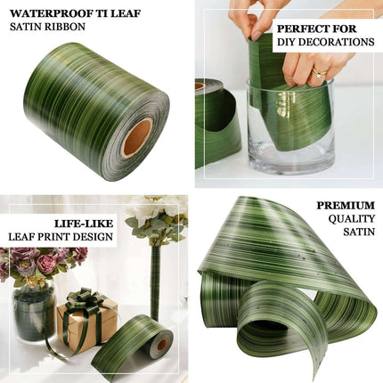 AliKopy 50 Yards Waterproof Green Ti Leaf Satin Ribbon - Two-Sided, 4"