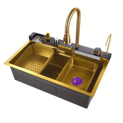 Gold Kitchen Workstation Sink, Waterfall Faucet, Undermount De