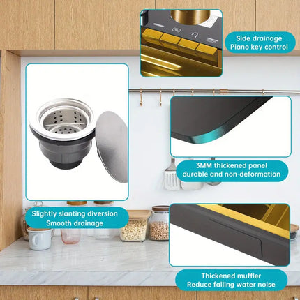 Gold Kitchen Workstation Sink, Waterfall Faucet, Undermount De