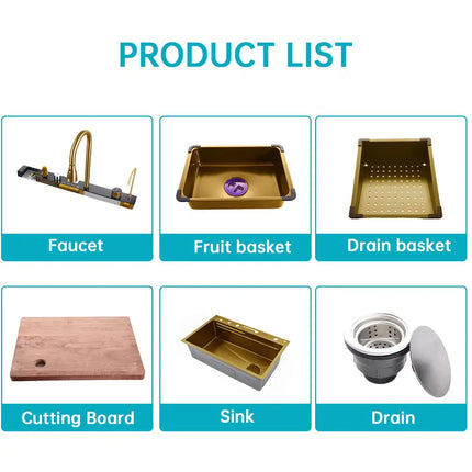 Gold Kitchen Workstation Sink, Waterfall Faucet, Undermount De