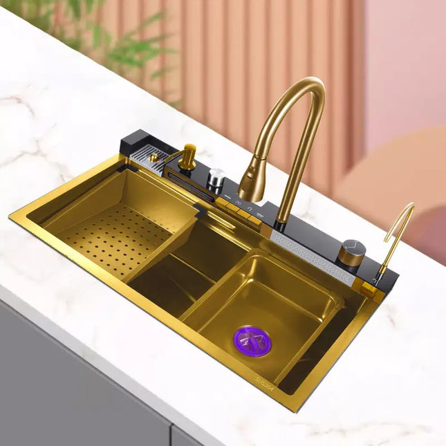 Gold Kitchen Workstation Sink with Waterfall Design, Temperature Display Faucet, Undermount Kitchen Sink golden-double-waterfall-sink-stainless-steel-kitchen-sink-embossed-large-single-slot-wash-basin-washing-pond-for-kitchen