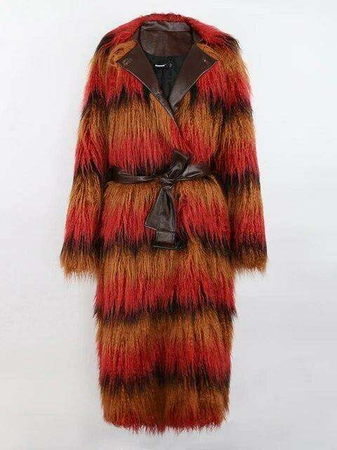 Luxurious Multicolor Plush Faux Fur Trench Coat with Stylish Leather Belt for Winter Women