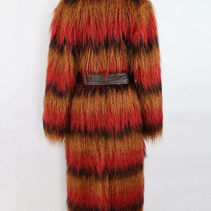 Luxurious Multicolor Plush Faux Fur Trench Coat with Stylish Leather Belt for Winter Women