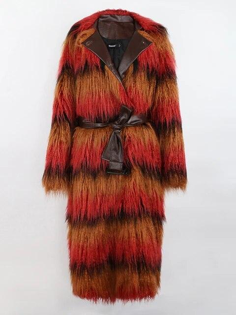 Winter Chic Oversized Multicolored Plush Warm Faux Fur Trench Coat with Leather Waist Belt for Women