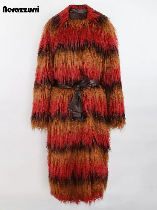 Winter Chic Oversized Multicolored Plush Warm Faux Fur Trench Coat with Leather Waist Belt for Women