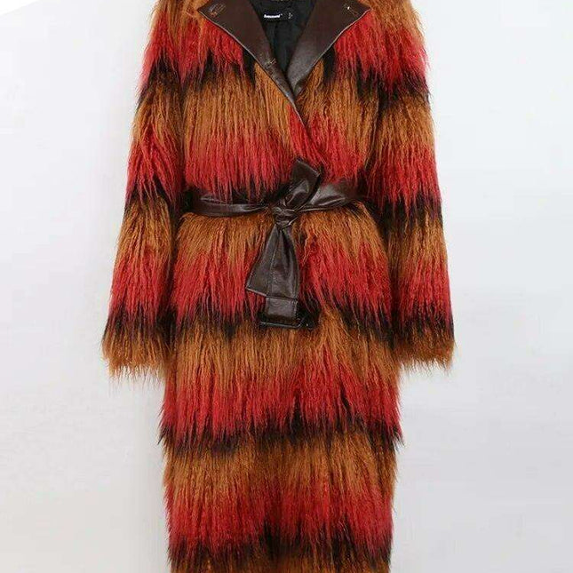 Luxurious Multicolor Plush Faux Fur Trench Coat with Stylish Leather Belt for Winter Women