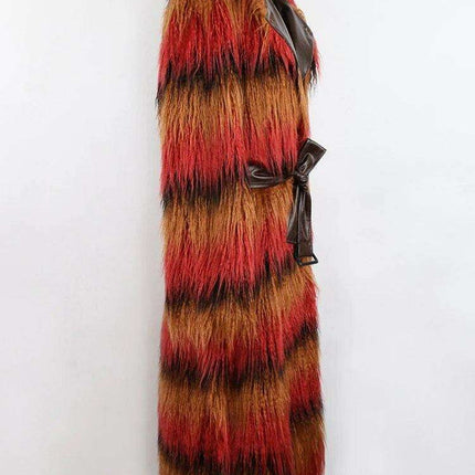 Luxurious Multicolor Plush Faux Fur Trench Coat with Stylish Leather Belt for Winter Women