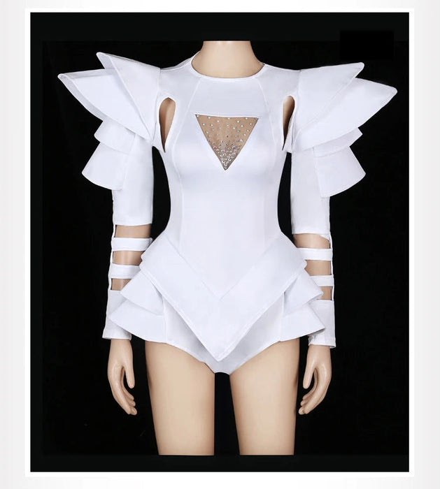 Radiant AB Rhinestone White Bodysuit: Unleash Your Glamour