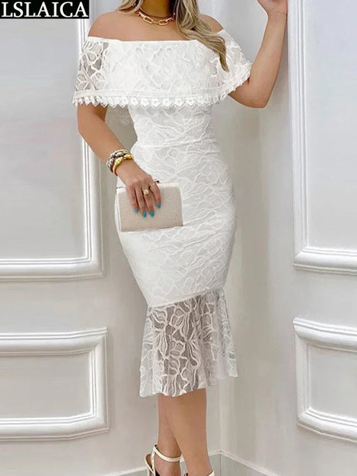 Elegant White Lace Off The Shoulder Dress - Summer Party Midi Dress