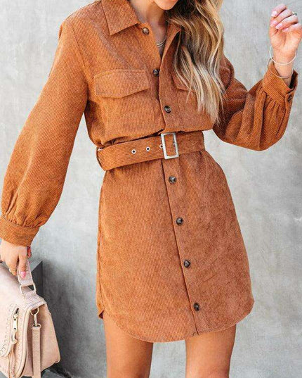 Stylish Corduroy Long-Sleeve Dress with Adjustable Waist Belt - Women's Casual Chic Fashion