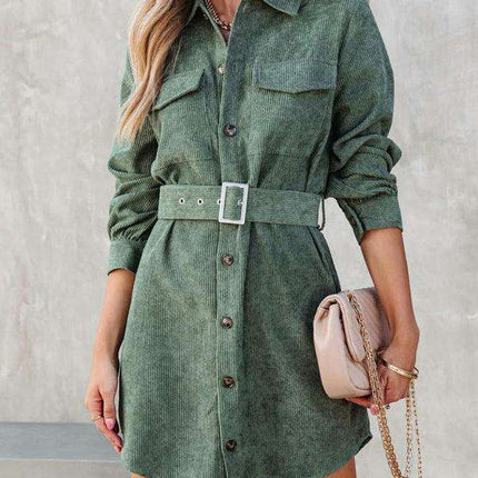 Stylish Corduroy Long-Sleeve Dress with Adjustable Waist Belt - Women's Casual Chic Fashion