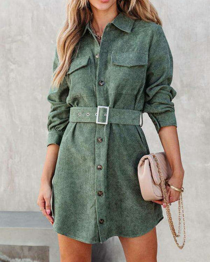 Stylish Corduroy Long-Sleeve Dress with Adjustable Waist Belt - Women's Casual Chic Fashion