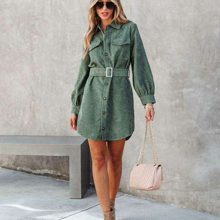 Stylish Corduroy Long-Sleeve Dress with Adjustable Waist Belt - Women's Casual Chic Fashion
