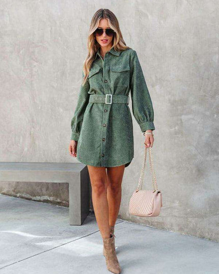Stylish Corduroy Long-Sleeve Dress with Adjustable Waist Belt - Women's Casual Chic Fashion