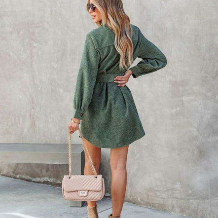 Stylish Corduroy Long-Sleeve Dress with Adjustable Waist Belt - Women's Casual Chic Fashion