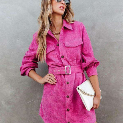Stylish Corduroy Long-Sleeve Dress with Adjustable Waist Belt - Women's Casual Chic Fashion