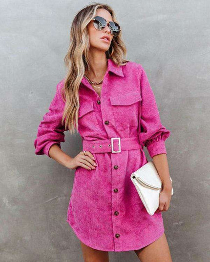 Stylish Corduroy Long-Sleeve Dress with Adjustable Waist Belt - Women's Casual Chic Fashion