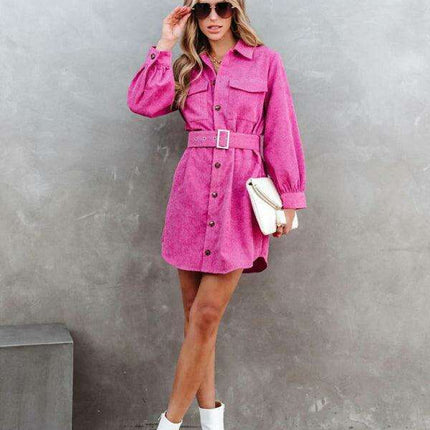 Stylish Corduroy Long-Sleeve Dress with Adjustable Waist Belt - Women's Casual Chic Fashion