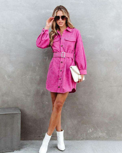 Stylish Corduroy Long-Sleeve Dress with Adjustable Waist Belt - Women's Casual Chic Fashion