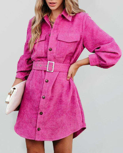 Stylish Corduroy Long-Sleeve Dress with Adjustable Waist Belt - Women's Casual Chic Fashion