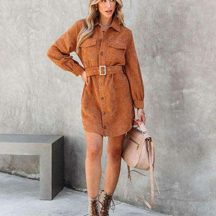 Stylish Corduroy Long-Sleeve Dress with Adjustable Waist Belt - Women's Casual Chic Fashion