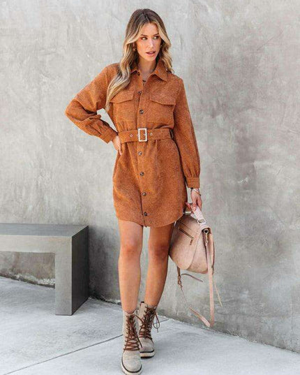 Stylish Corduroy Long-Sleeve Dress with Adjustable Waist Belt - Women's Casual Chic Fashion