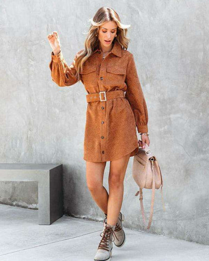 Stylish Corduroy Long-Sleeve Dress with Adjustable Waist Belt - Women's Casual Chic Fashion
