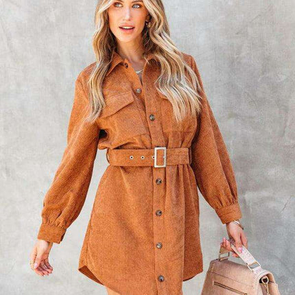 Stylish Corduroy Long-Sleeve Dress with Adjustable Waist Belt - Women's Casual Chic Fashion