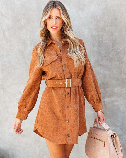 Stylish Corduroy Long-Sleeve Dress with Adjustable Waist Belt - Women's Casual Chic Fashion