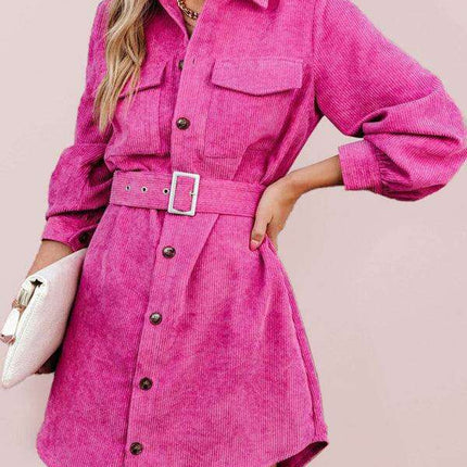 Stylish Corduroy Long-Sleeve Dress with Adjustable Waist Belt - Women's Casual Chic Fashion