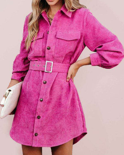 Stylish Corduroy Long-Sleeve Dress with Adjustable Waist Belt - Women's Casual Chic Fashion
