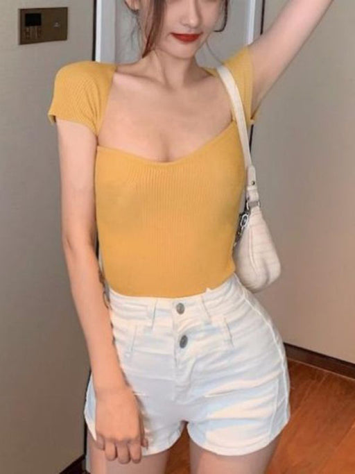 Slim Square Neck Summer Sweater Top - Women's Chic Wardrobe Essential - Stylish Square Collar Short-Sleeved Sweater