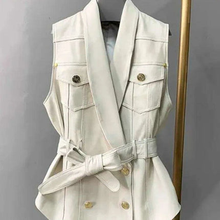 Sheepskin Sleeveless Leather Waistcoat with Belt - Chic Women's Outerwear for Transitional Seasons