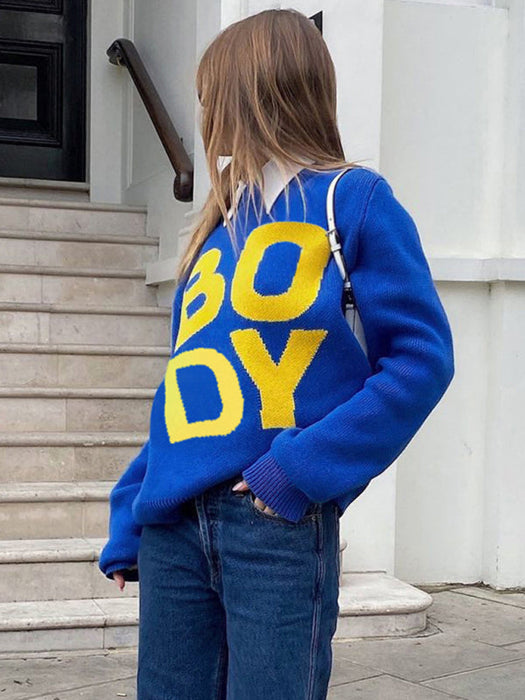 Cozy Knit Sweater with Embroidered Letters - Chic Women's Polyester Top