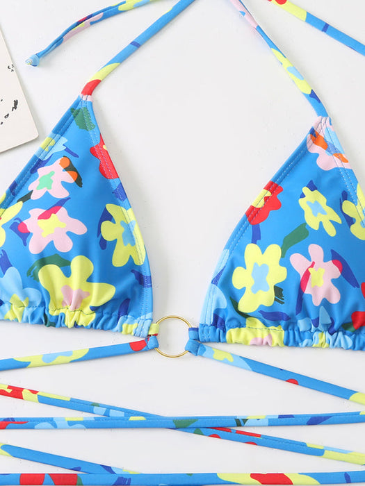 Floral Fantasy Lace-Up Bikini Set - Colorful Floral Print Swimsuit