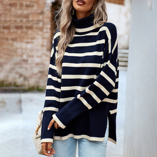 Colorful Striped Knit Pullover Sweater with Round Neck for Women