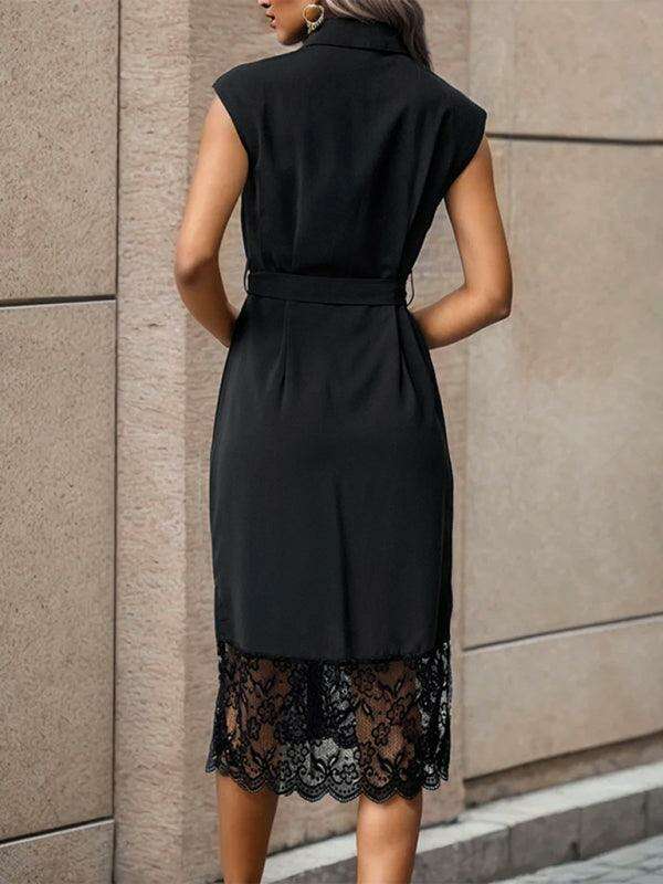 Elegant Lace-Detail Lapel Dress - Timeless Black and White Charm