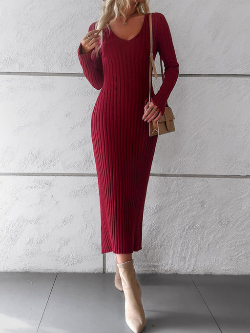 Chic V-Neck Knit Sweater Dress: Luxurious Style for Autumn-Winter