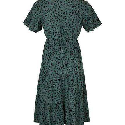 Chic Short-Sleeve Polka Dot V-Neck Dress: Stylish Spring-Summer Apparel for Women