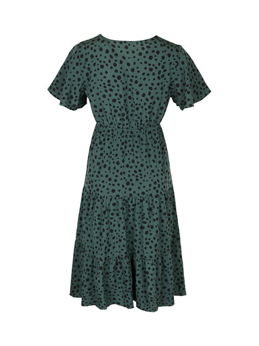 Women's new V-neck waisted short-sleeved printed dress