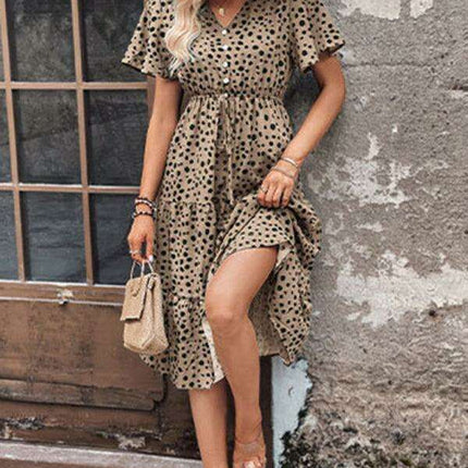 Chic Short-Sleeve Polka Dot V-Neck Dress: Stylish Spring-Summer Apparel for Women