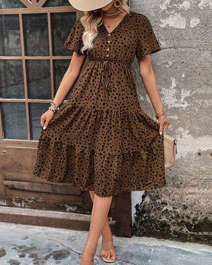 Chic Short-Sleeve Polka Dot V-Neck Dress: Stylish Spring-Summer Apparel for Women