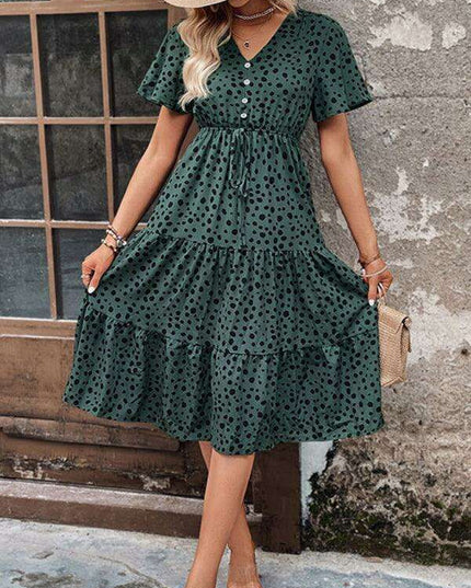 Chic Short-Sleeve Polka Dot V-Neck Dress: Stylish Spring-Summer Apparel for Women