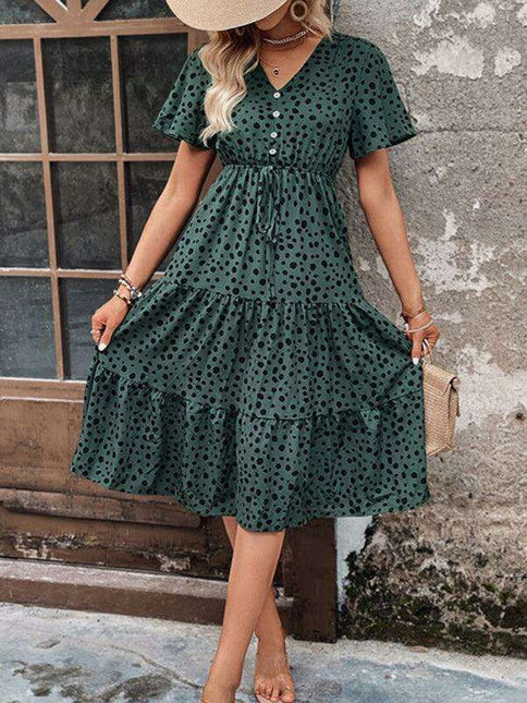 Chic Short-Sleeve Polka Dot V-Neck Dress: Stylish Spring-Summer Apparel for Women