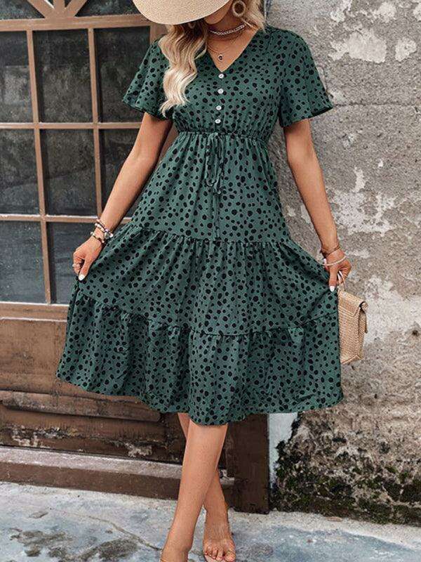 Chic Short-Sleeve Polka Dot V-Neck Dress: Stylish Spring-Summer Apparel for Women