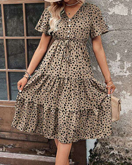 Chic Short-Sleeve Polka Dot V-Neck Dress: Stylish Spring-Summer Apparel for Women